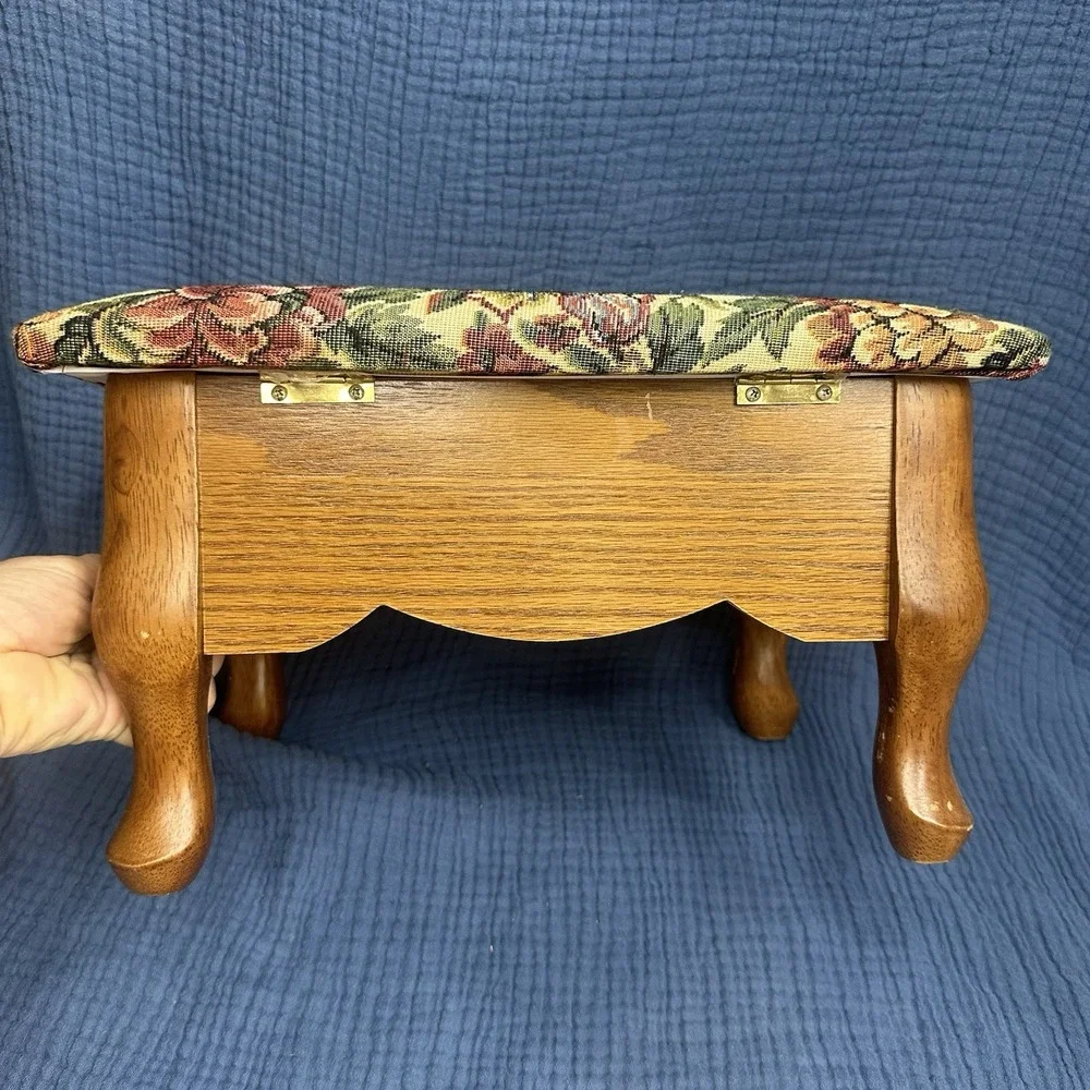 Vintage Wooden Tapestry Footstool Floral Upholstered Cushion Storage Bin Cottage